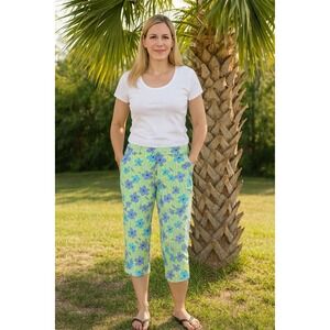 Lilly Pulitzer Floral Capri Pants‎ Striped Green Blue Size 12 Womens